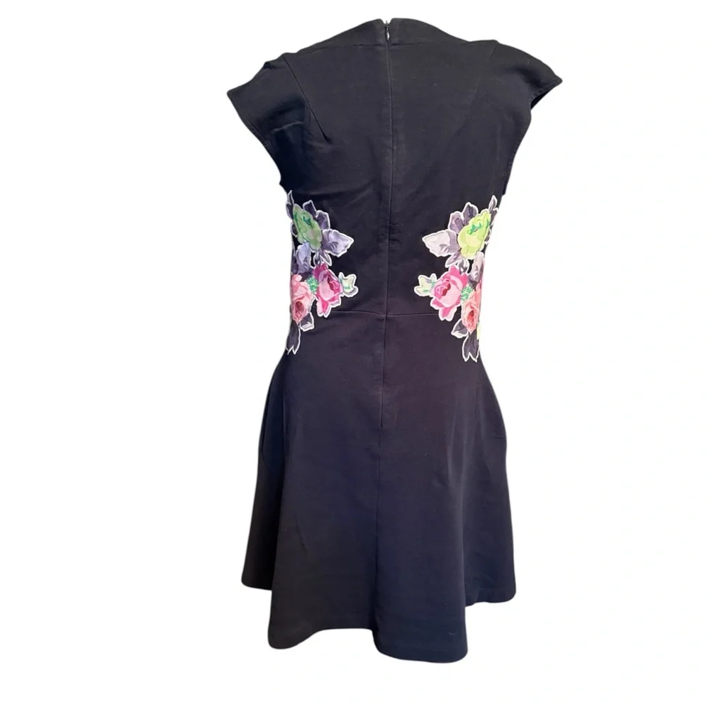 Carven Navy Dress with Pink Floral Accents-A Line-Pockets-Size S